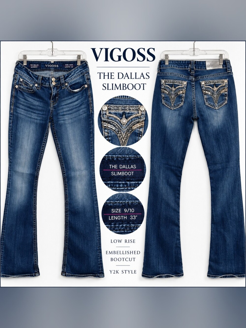 Vigoss Dallas Slimboot Jeans Womens 9/10 Y2K Low Rise Embellished Bootcut 33